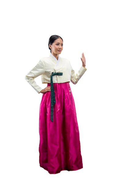 Mujer asiática que lleva un traje nacional coreano tradicional Hanbok