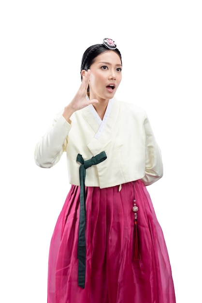 Foto mujer asiática que lleva un traje nacional coreano tradicional hanbok