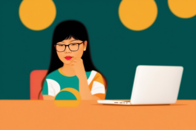 Una mujer asiática que trabaja en una computadora portátil Excelencia empoderada Mujer asiática Viaje de trabajo digital IA generativa