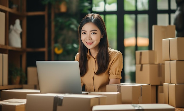 Mujer asiática que usa una computadora portátil con cajas de embalaje, entrega de marketing en línea y concepto de PYME