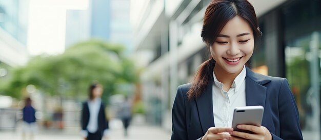 Mujer asiática que usa tarjeta de crédito y teléfono inteligente para comprar en línea con antecedentes de la ciudad