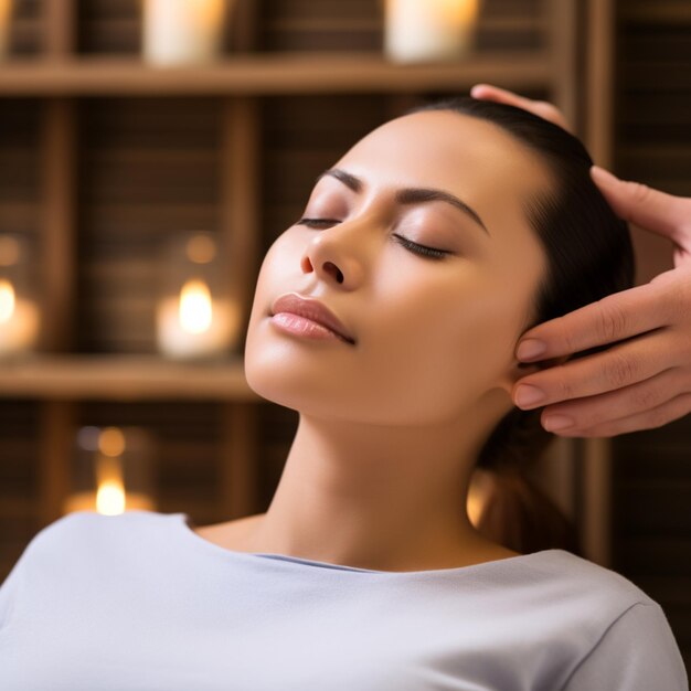 Foto mujer asiática relajada disfrutando de un masaje facial en el spa