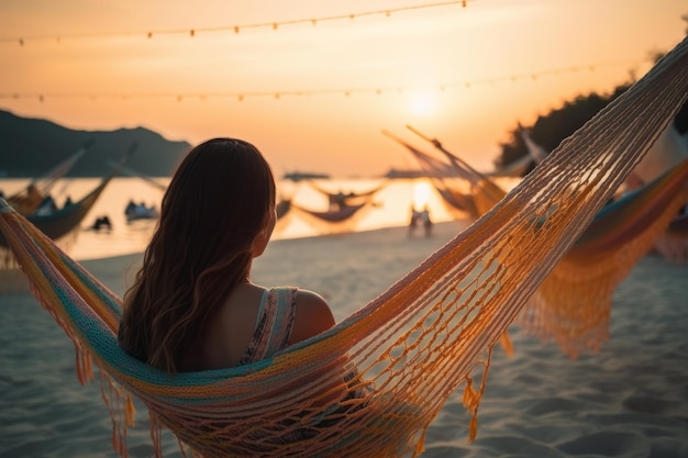 Mujer asiática relajándose en una hamaca en la playa de verano