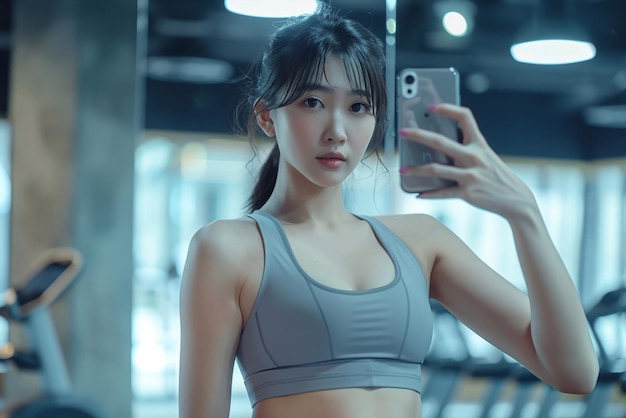 Mujer asiática en ropa deportiva un cuerpo delgado y hermoso toma selfies en el gimnasio