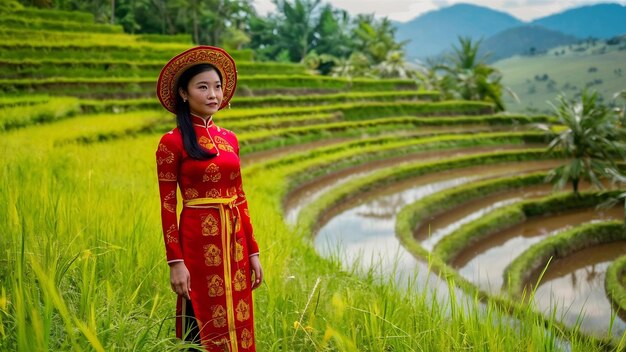 Mujer asiática con ropa tradicional de la cultura vietnamita en la terraza de arroz de ban pa bong piang en Chiangmai