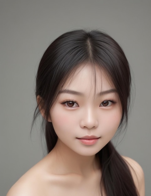 Mujer asiática con rostro hermoso y piel fresca perfectamente limpia, linda modelo femenina frente a la cámara