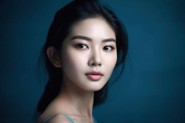 Mujer asiática con un rostro hermoso y una piel limpia y fresca Perfecta Linda modelo femenina con maquillaje natural y ojos brillantes sobre fondo azul aislado Tratamiento facial Cosmetología belleza Concepto