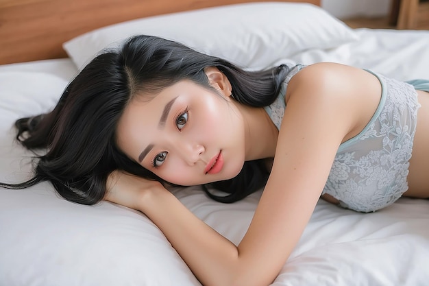 Una mujer asiática rubia acostada en la cama.