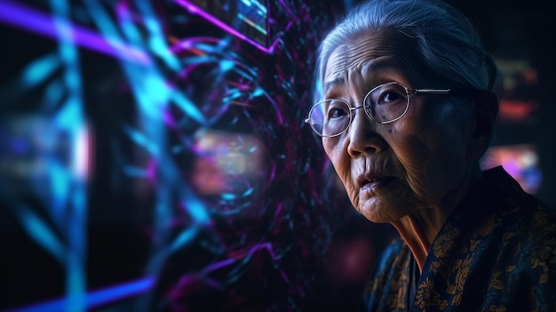 Mujer asiática senior generativa ai interactuando con interfaz táctil