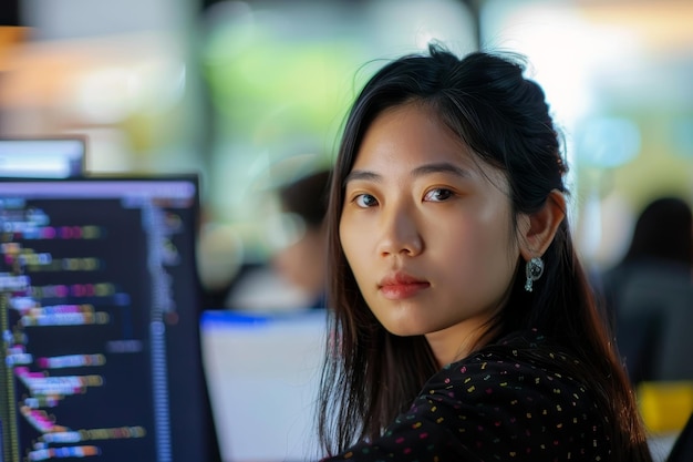 Una mujer asiática sentada frente a un monitor de computadora ocupada en el trabajo o el estudio Una desarrolladora asiática experta en tecnología explorando tecnologías emergentes en su campo