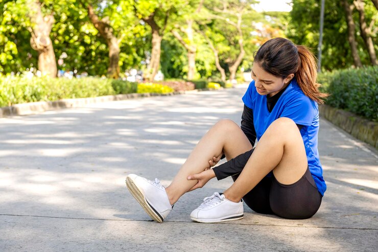 Foto mujer asiática sentada y sintiendo dolor en las piernas