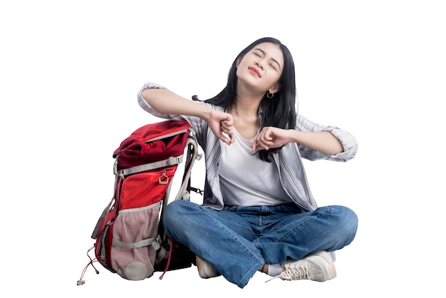 mujer asiática, sentado, con, ella, un, mochila