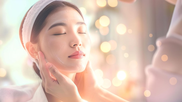 Una mujer asiática serena disfrutando de un lujoso tratamiento facial para una piel brillante en un spa