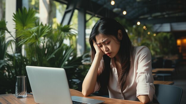 Foto mujer asiática sintiéndose triste y estresada en casa sintiéndose triste cansada y estresada en el trabajo mujer joven que trabaja desde casa