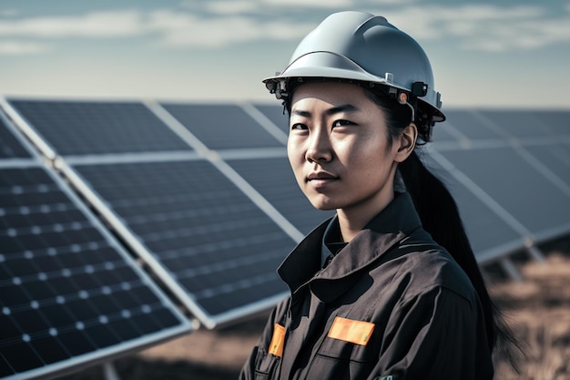 Una mujer asiática se para sobre un panel solar mirando hacia el cielo y tomando medidas sobre la tecnología de energía renovable para la conservación del medio ambiente