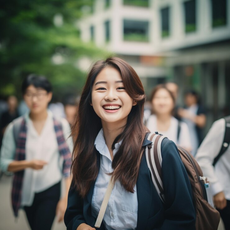 Una mujer asiática sonriendo.