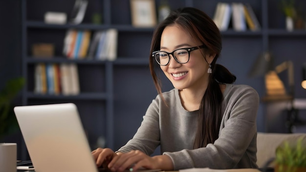 Mujer asiática sonriente con gafas usando una computadora portátil