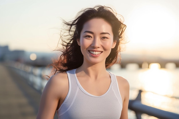 mujer asiática, sonriente, y, llevando, blanco, camiseta sin mangas