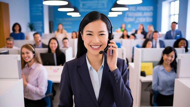 Foto una mujer asiática sonriente de telemarketing que trabaja en la oficina del centro de llamadas.