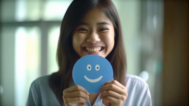 Foto mujer asiática con una sonrisa azul feliz en el papel ai generative
