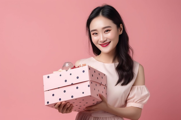 Una mujer asiática sosteniendo una caja de regalo con una caja rosa.