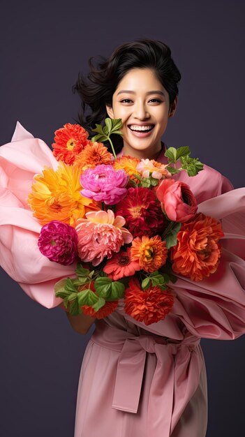 Mujer asiática sosteniendo floristería ramo de flores