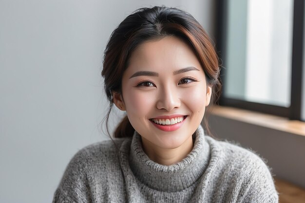 Mujer asiática con suéter gris sonriendo