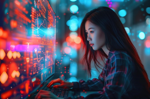 Mujer asiática trabajando en una computadora negociando en un estilo futurista