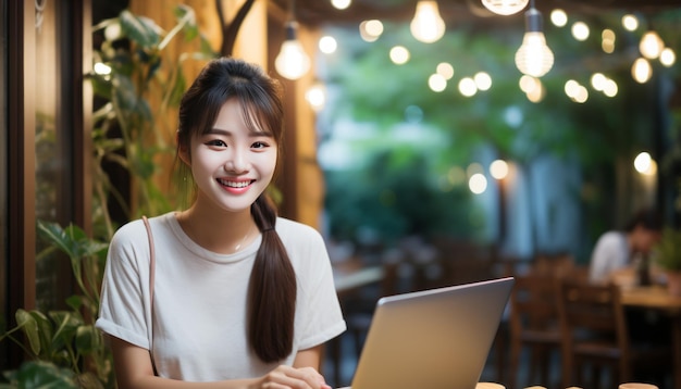 Mujer asiática trabajando en una computadora portátil en una cafetería freelancer o estudiante usando una computadora sonriendo a la cámara