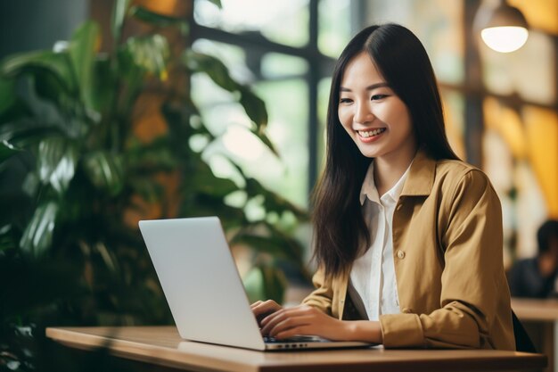 mujer asiática, trabajando encendido, computador portatil, sonriente