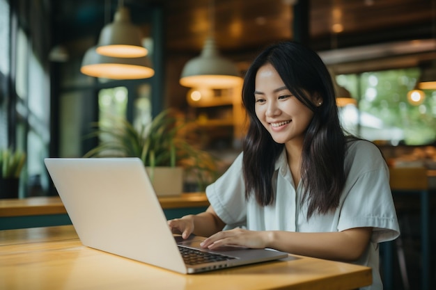 mujer asiática, trabajando encendido, computador portatil, sonriente