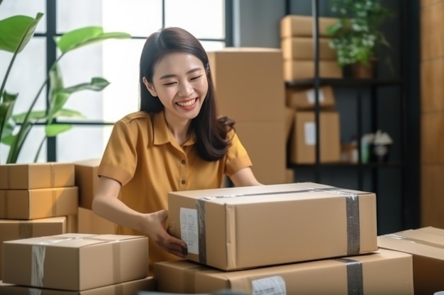 mujer asiática Vender productos en línea en casa Hablar por teléfono y preparar una caja de cartón o paquete para la entrega en línea