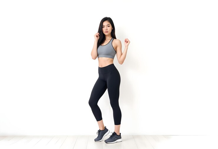 mujer asiática vestida deportivamente y de pie en una postura confiada con una mano en la cadera en un gimnasio