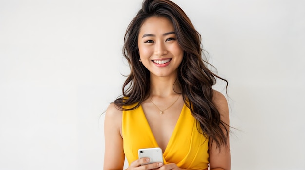 Foto una mujer asiática con un vestido amarillo sostiene un teléfono y sonríe