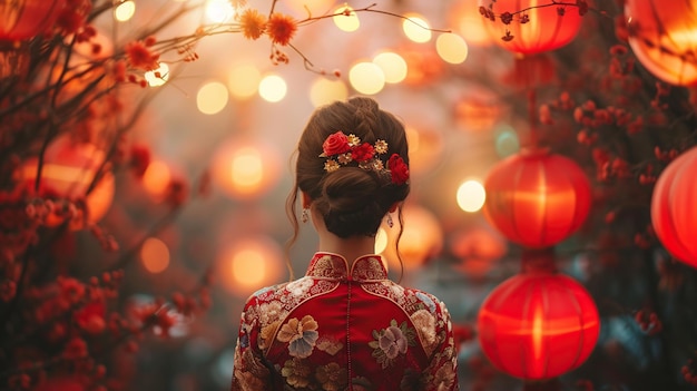 Mujer asiática en vestido chino con linternas rojas en la noche Año Nuevo Chino