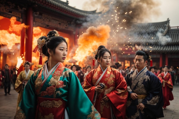 Foto una mujer asiática con un vestido hanbok se reúne en la ciudad vieja de corea con el amanecer.