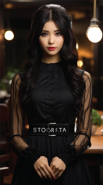 mujer asiática vestido negro