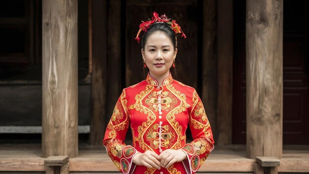 Mujer asiática con vestido tradicional chino en baan santichon yunnan cultura china en pai mae