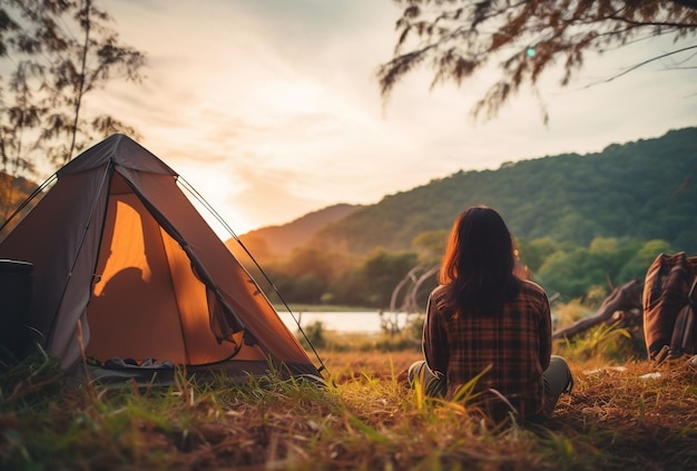 Mujer asiática viajando y acampando sola en el parque natural