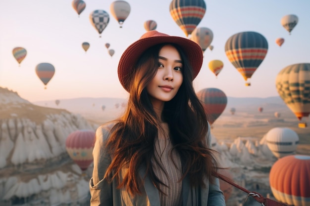 una mujer asiática viendo globos de aire caliente en Capadocia, Turquía