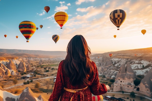 Una mujer asiática viendo globos de aire caliente en Capadocia, Turquía