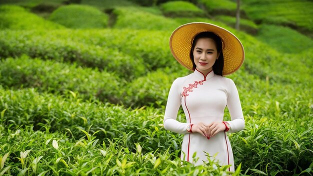 Mujer asiática vistiendo cultura vietnamita tradicional en el campo de té verde