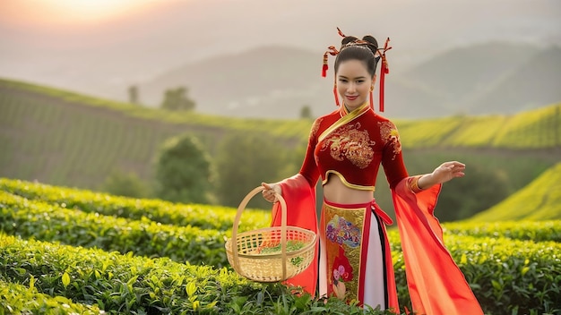 Mujer asiática vistiendo cultura vietnamita tradicional en el campo de té verde