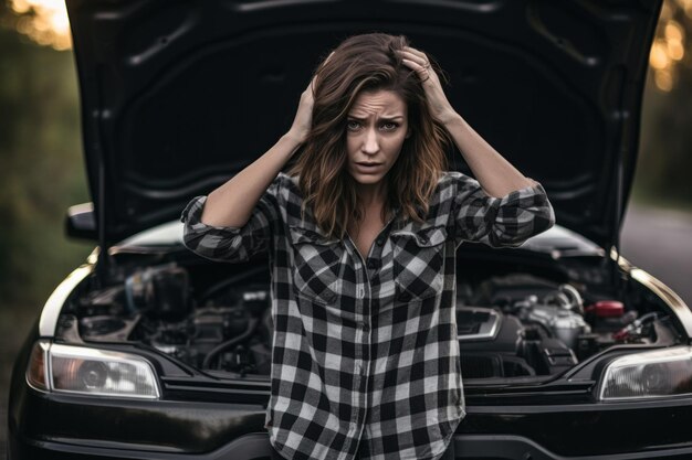 Foto una mujer asombrada se para cerca de su coche con la capucha levantada tratando de comprender la razón detrás de la repentina falla del motor