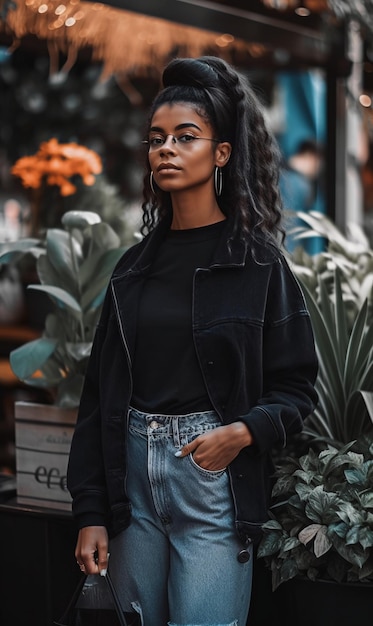 Una mujer de aspecto modelo con pantalones negros y una blusa floral se encuentra en la acera junto a plantas en macetas IA generada IA generativa IA generativa