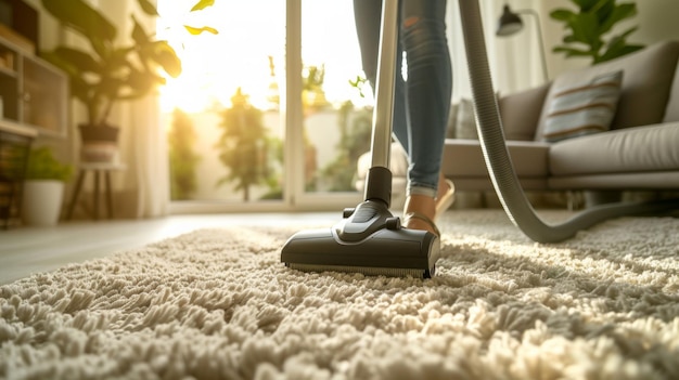 Foto una mujer aspira una alfombra con una pila de luz esponjosa en una cabaña moderna