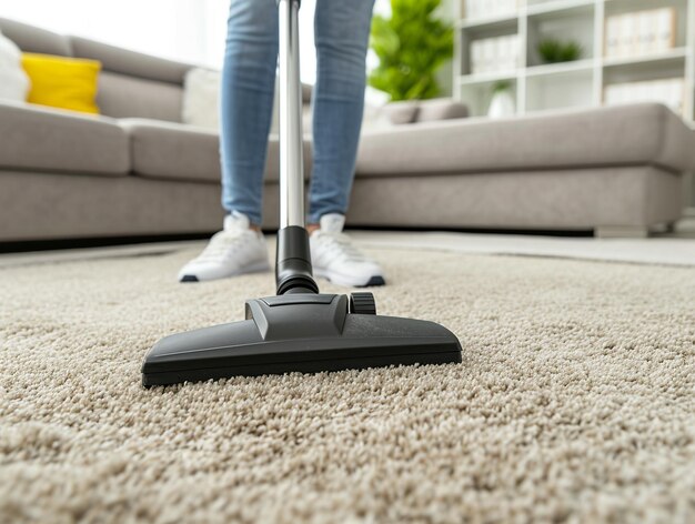 Foto mujer aspirando alfombra