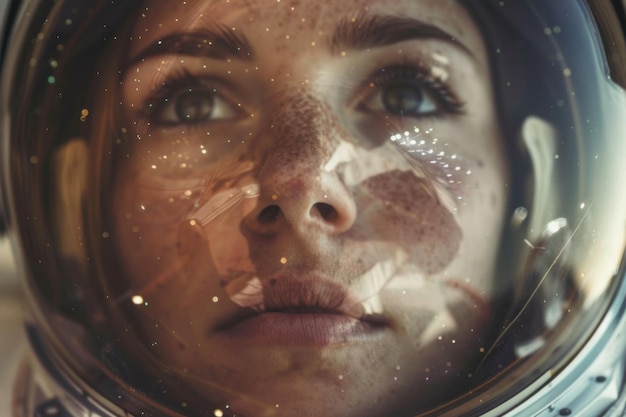 Foto una mujer astronauta enfocada con una visera reflectante que muestra la determinación y las infinitas posibilidades de la exploración espacial en un primer plano