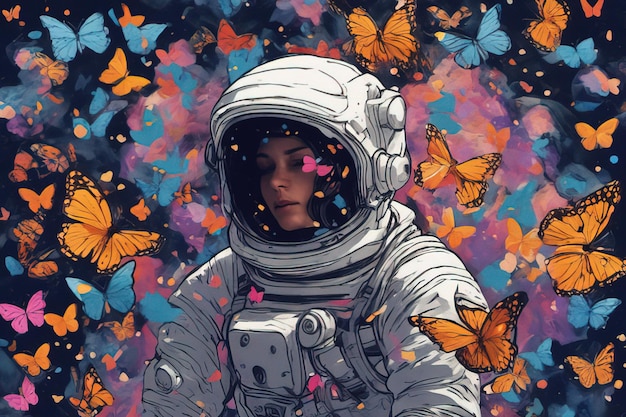 mujer astronauta con flores