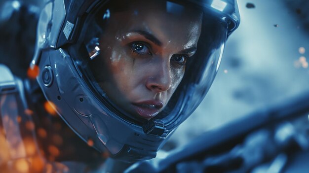 Mujer astronauta con una mirada enfocada en medio de un escenario espacial caótico que refleja urgencia y determinación